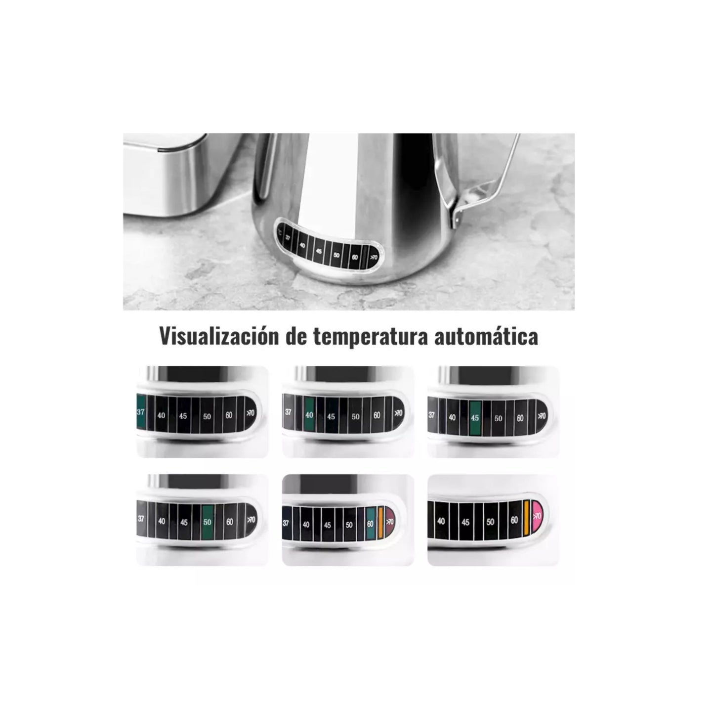 LECHERO DE ACERO INOXIDABLE PARA ARTE LATTE CON TERMÓMETRO 300 a 600 ML